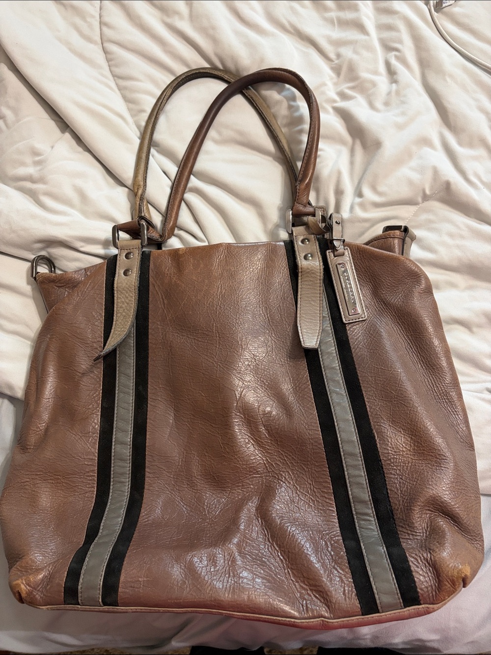 Burberry Brown Leather Messenger Bag with Black and Tan Stripes